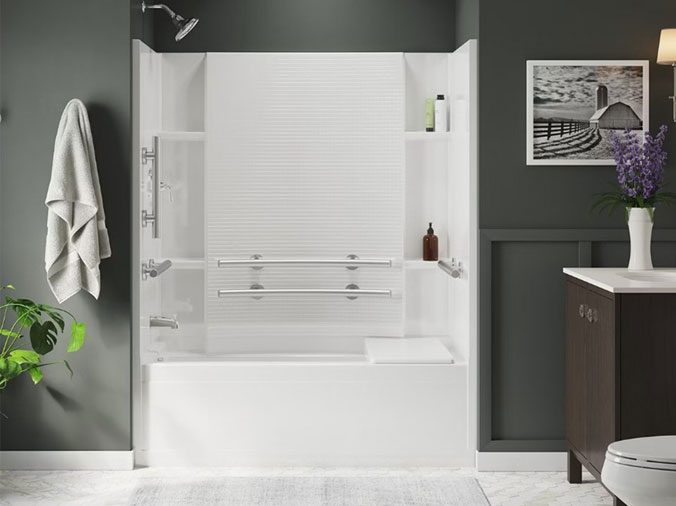Bathroom with open shower and grey walls